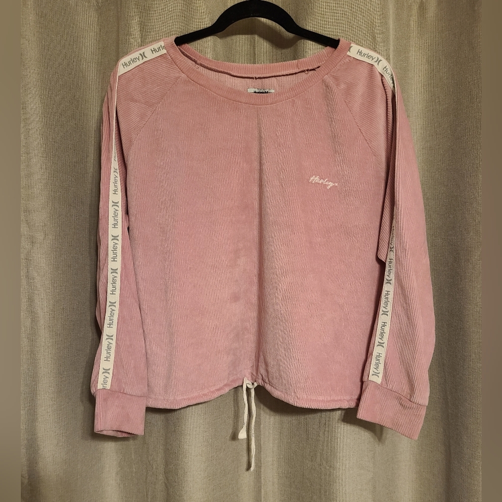 Hurley Pink Velour Long Sleeved Drawstring Cropped Top